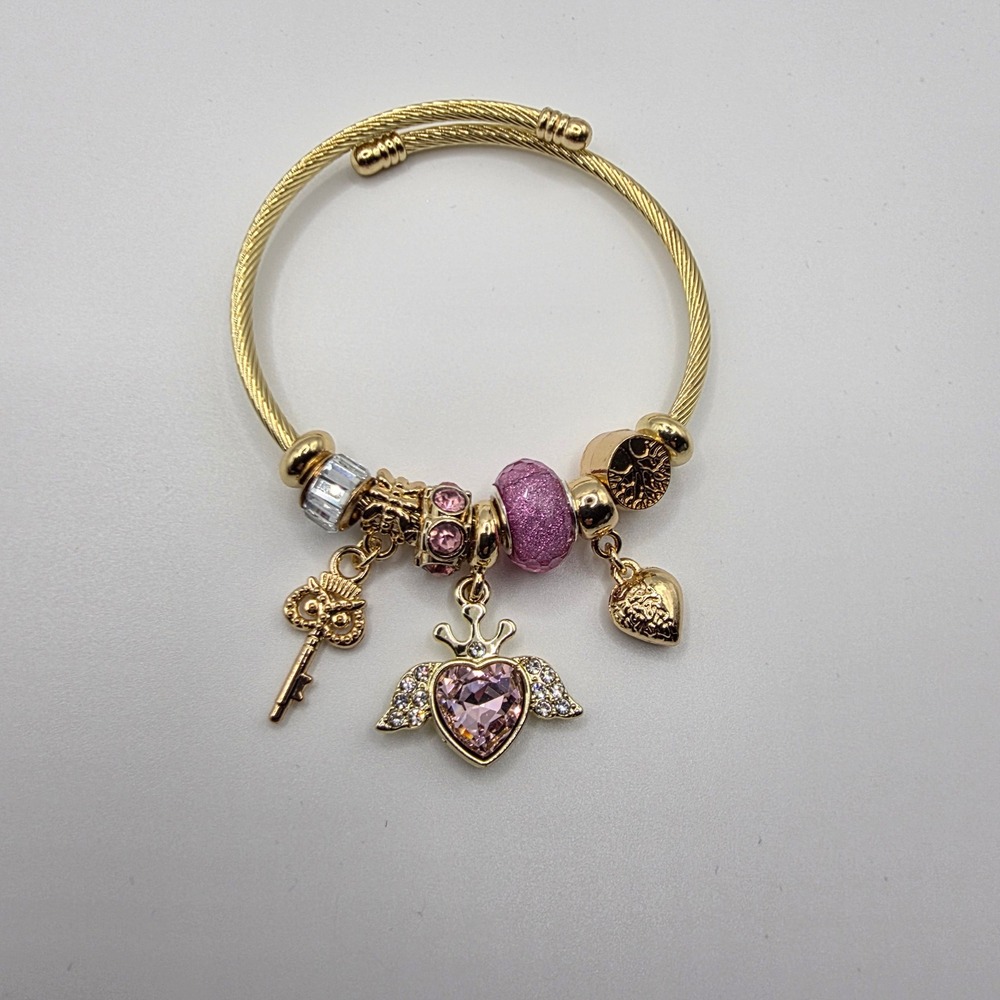 Gold Tone Pink Crystal Heart Winged Key Charm Cable Wire Bangle Bracelet Womens